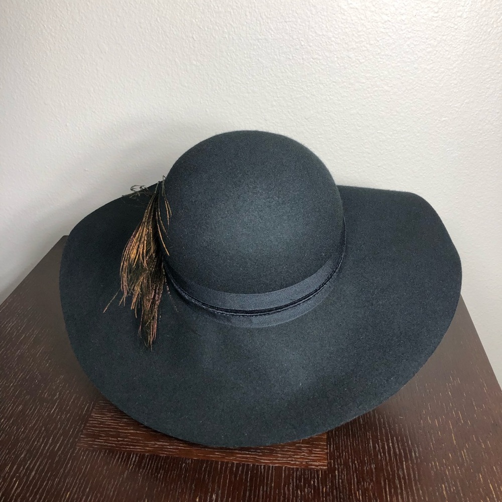 Cynthia Rowley Wool Black Fedora Cloche Wide Brim Peacock Feathers bohemian Hat - Picture 4 of 14